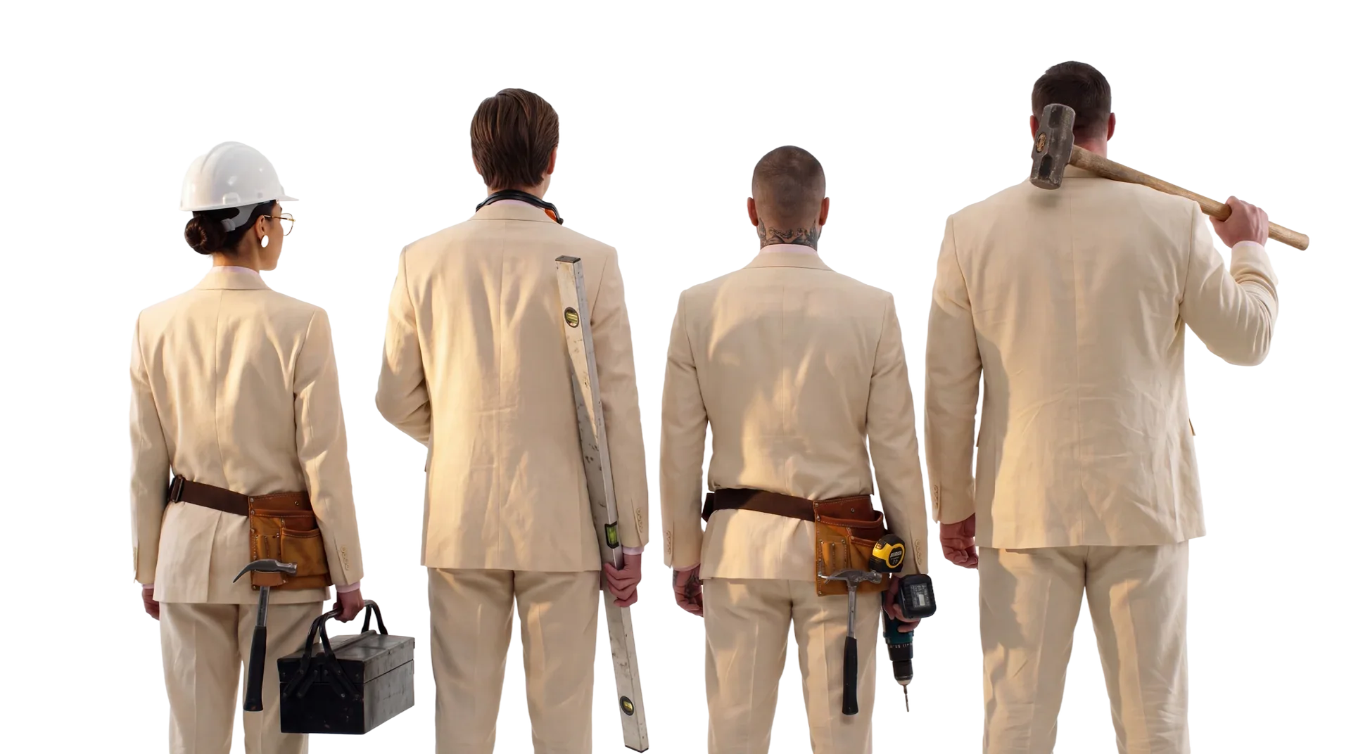 Olga, Otto, Ramsy and Oscar in cream suits, seen from behind, holding a toolbox, a spirit level, a drill and a sledgehammer.