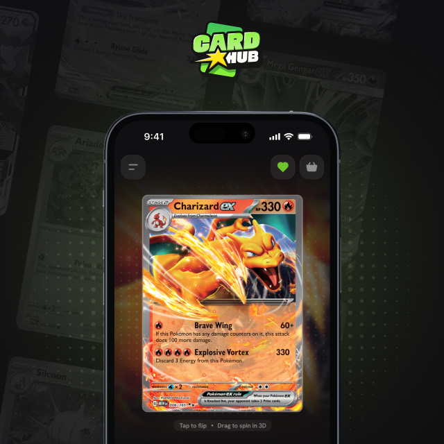 The CardHub app on a phone, showing a graded trading card.