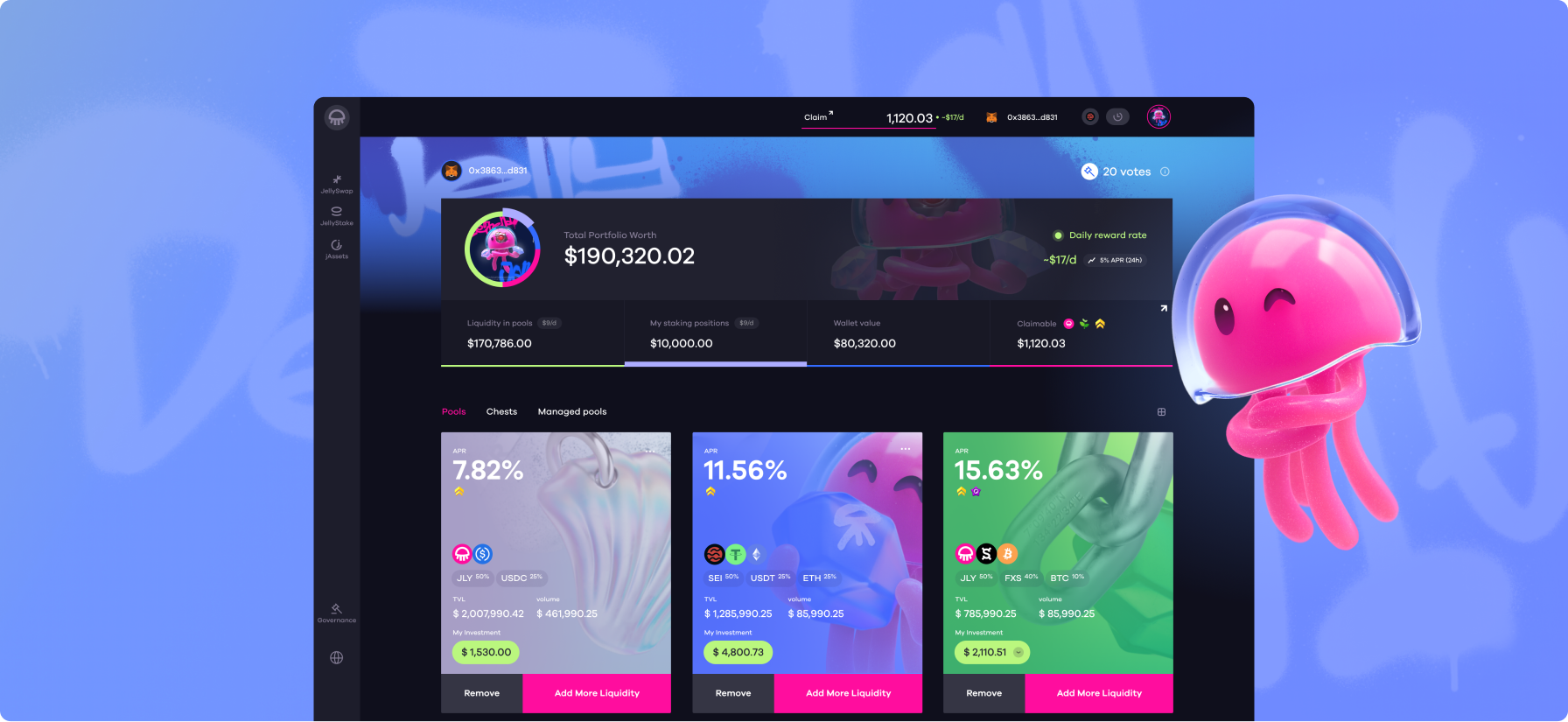 The full dashboard — balances, APRs and pools — with the mascot at the rail.