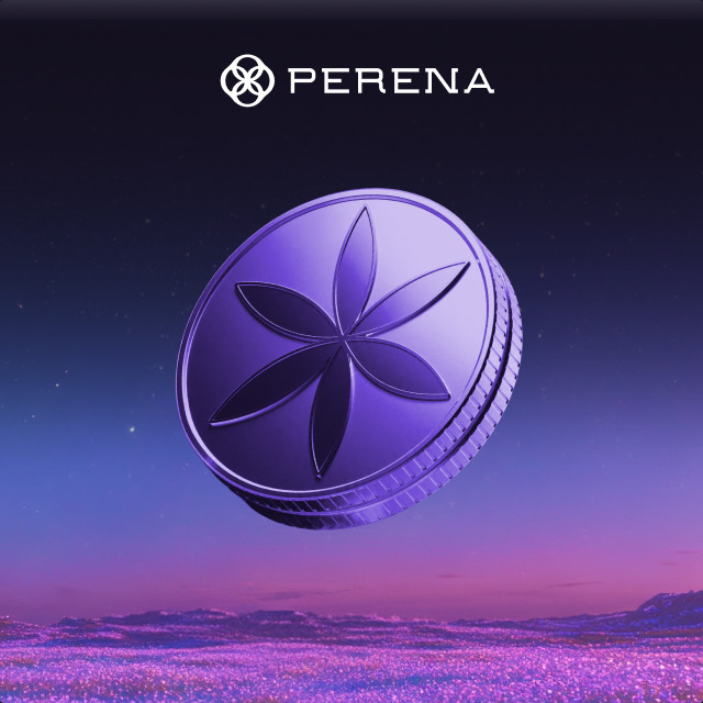 The Perena mark as a purple 3D coin above a dusk landscape.